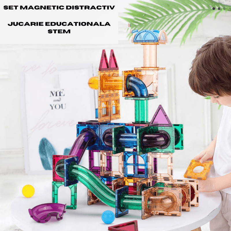 Jucarii, Copii si Bebe - Jucarii si jocuri - Seturi de constructie si cuburi - Seturi de constructie - Set de Constructie Magnetic cu Tevi Tiles 3D si minge colorata, Jucarie Educationala STEM, 136 Piese, forme multiple - Infinity.ro
