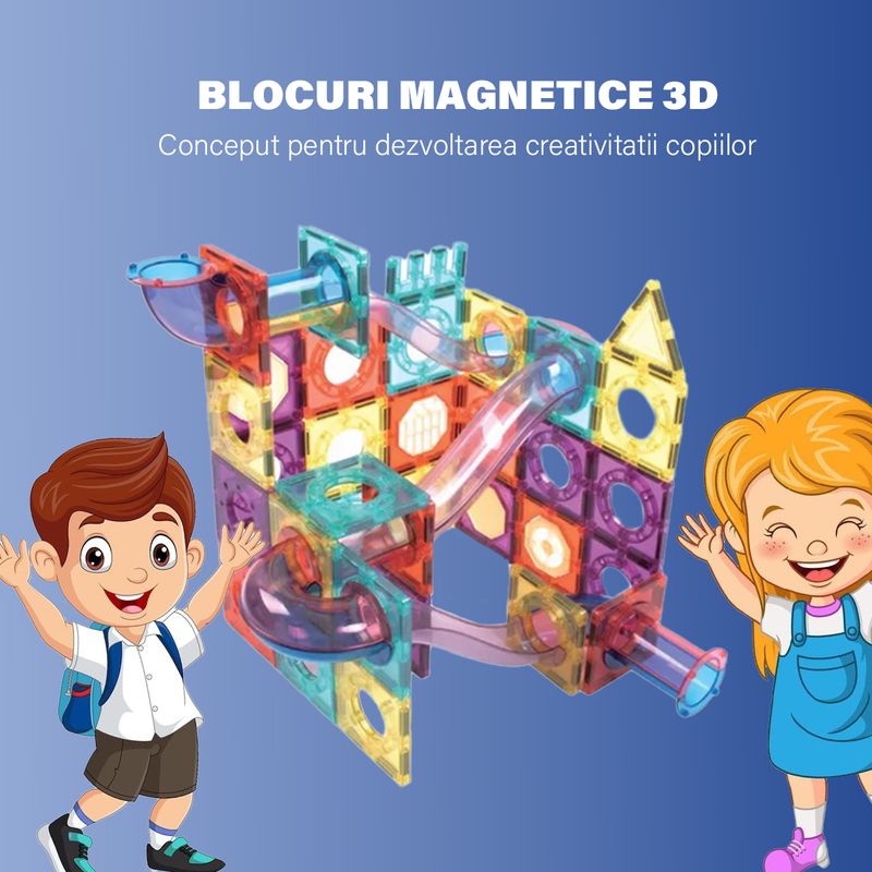 Jucarii, Copii si Bebe - Jucarii si jocuri - Seturi de constructie si cuburi - Seturi de constructie - Set de Constructie Magnetic cu Tevi Tiles 3D si minge colorata, Jucarie Educationala STEM, 136 Piese, forme multiple - Infinity.ro