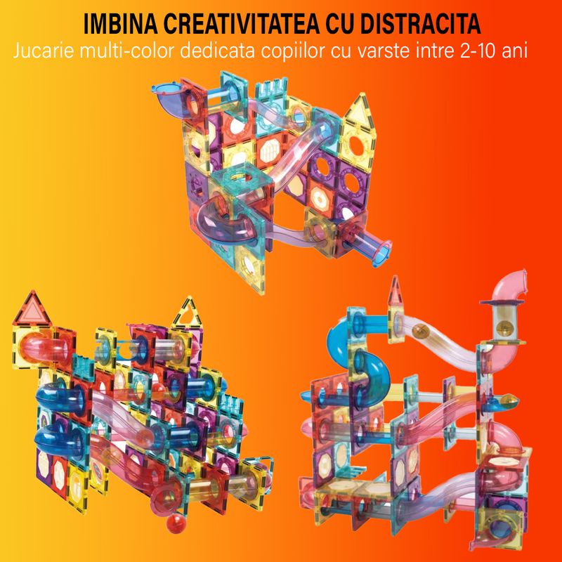 Jucarii, Copii si Bebe - Jucarii si jocuri - Seturi de constructie si cuburi - Seturi de constructie - Set de Constructie Magnetic cu Tevi Tiles 3D si minge colorata, Jucarie Educationala STEM, 136 Piese, forme multiple - Infinity.ro