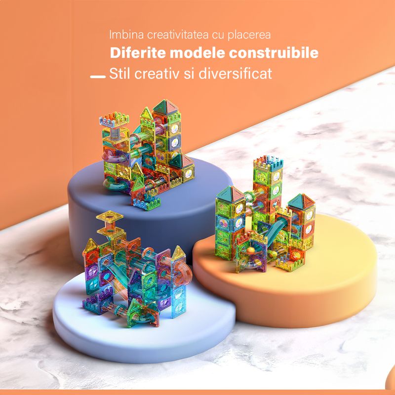 Jucarii, Copii si Bebe - Jucarii si jocuri - Seturi de constructie si cuburi - Seturi de constructie - Set de Constructie Magnetic cu Tevi Tiles 3D si minge colorata, Jucarie Educationala STEM, 136 Piese, forme multiple - Infinity.ro