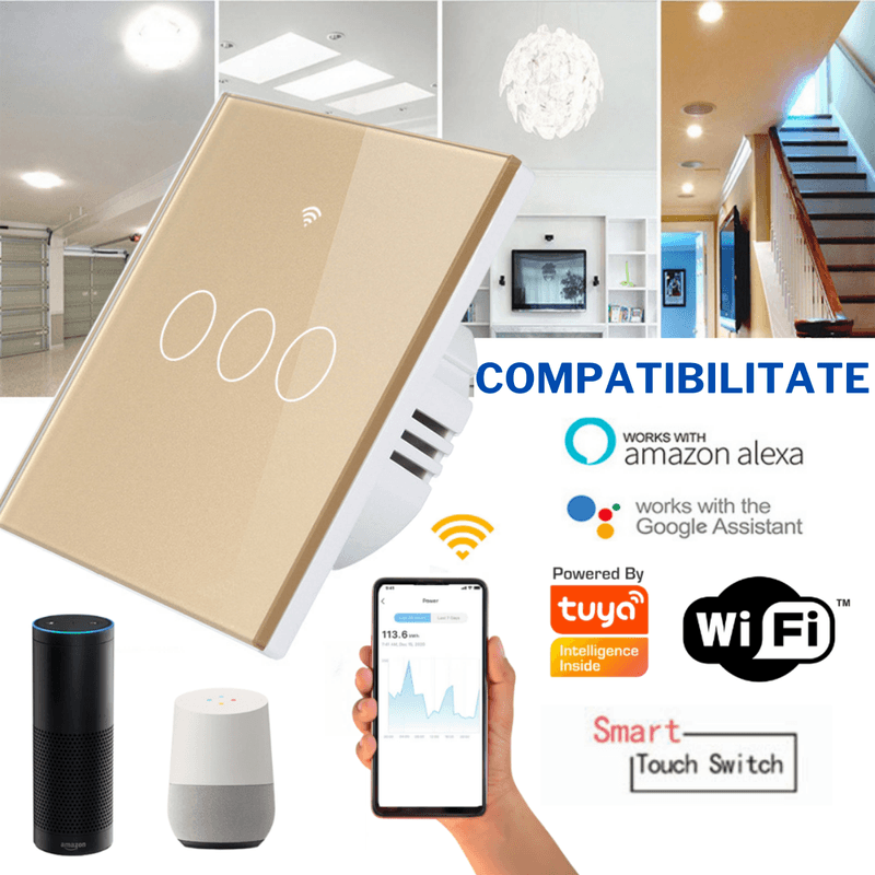 Casa si Gradina - Electrice - Accesorii electrice - Accesorii prize si intrerupatoare - Intrerupator inteligent cu touch, Wireless, Wi-fi, 3 Canale,din Sticla Securizata, Compatibil iOS/Android,Aplicatie Tuya - Infinity.ro