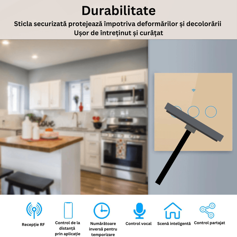 Casa si Gradina - Electrice - Accesorii electrice - Accesorii prize si intrerupatoare - Intrerupator inteligent cu touch, Wireless, Wi-fi, 3 Canale,din Sticla Securizata, Compatibil iOS/Android,Aplicatie Tuya - Infinity.ro