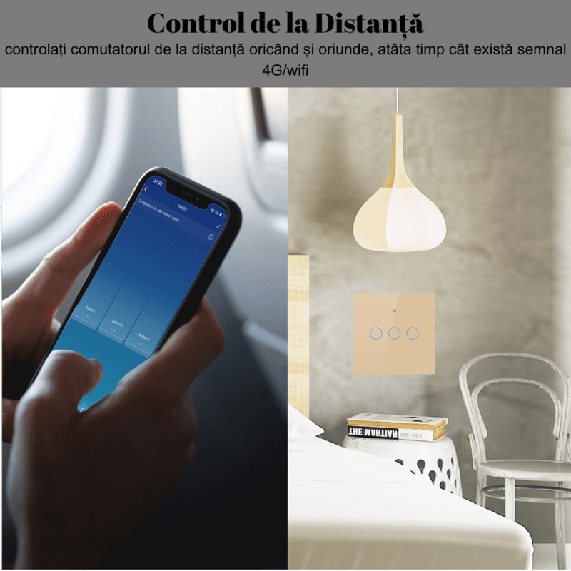 Casa si Gradina - Electrice - Accesorii electrice - Accesorii prize si intrerupatoare - Intrerupator inteligent cu touch, Wireless, Wi-fi, 3 Canale,din Sticla Securizata, Compatibil iOS/Android,Aplicatie Tuya - Infinity.ro