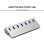 PC, gaming si accesorii - Retelistica - Hub-uri - Hub USB Cu 7 porturi USB 3.0, Type-C, Adaptor Multiport portabil, din Aluminiu, 350mb, alimentare PC/Priza, 5 Gbps, Gri - Infinity.ro