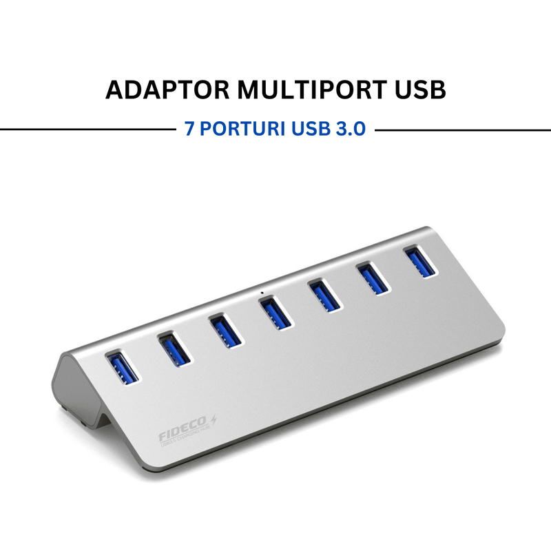 PC, gaming si accesorii - Retelistica - Hub-uri - Hub USB Cu 7 porturi USB 3.0, Type-C, Adaptor Multiport portabil, din Aluminiu, 350mb, alimentare PC/Priza, 5 Gbps, Gri - Infinity.ro