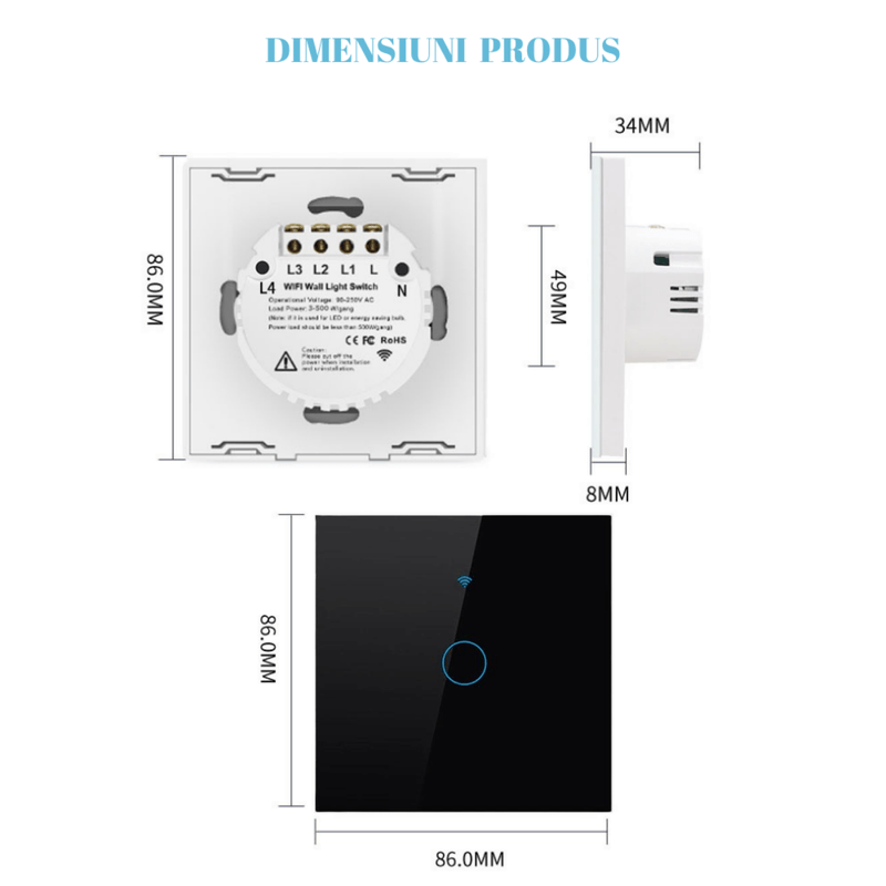 Casa si Gradina - Electrice - Accesorii electrice - Accesorii prize si intrerupatoare - Intrerupator inteligent cu touch, Wireless, Wi-fi, 1 Canal, din Sticla Securizata, Compatibil iOS/Android,Aplicatie Tuya - Infinity.ro
