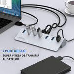 PC, gaming si accesorii - Retelistica - Hub-uri - Hub USB Cu 7 porturi USB 3.0, Type-C, Adaptor Multiport portabil, din Aluminiu, 350mb, alimentare PC/Priza, 5 Gbps, Gri - Infinity.ro