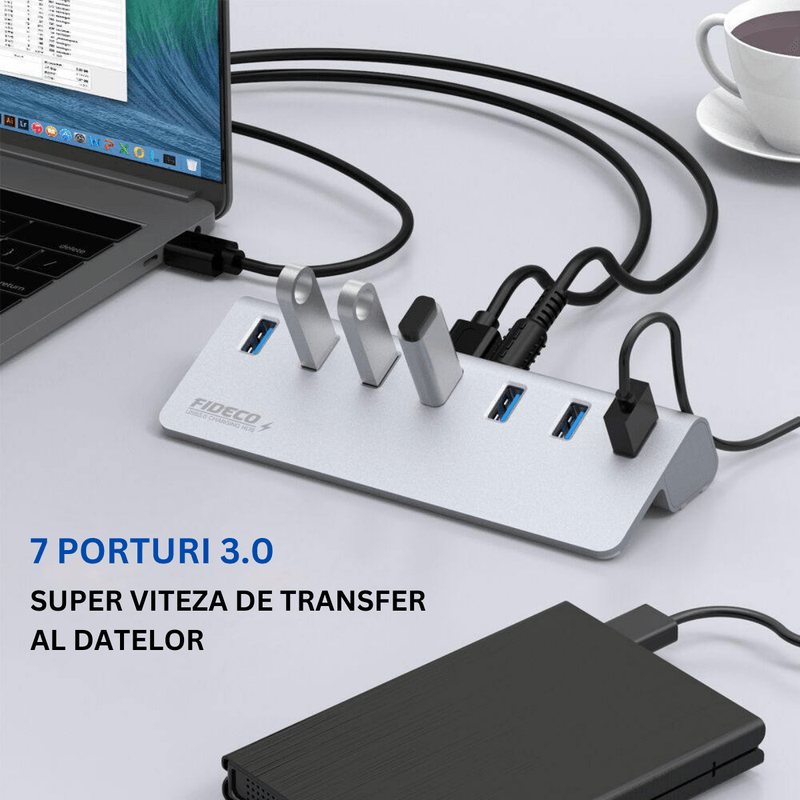 PC, gaming si accesorii - Retelistica - Hub-uri - Hub USB Cu 7 porturi USB 3.0, Type-C, Adaptor Multiport portabil, din Aluminiu, 350mb, alimentare PC/Priza, 5 Gbps, Gri - Infinity.ro