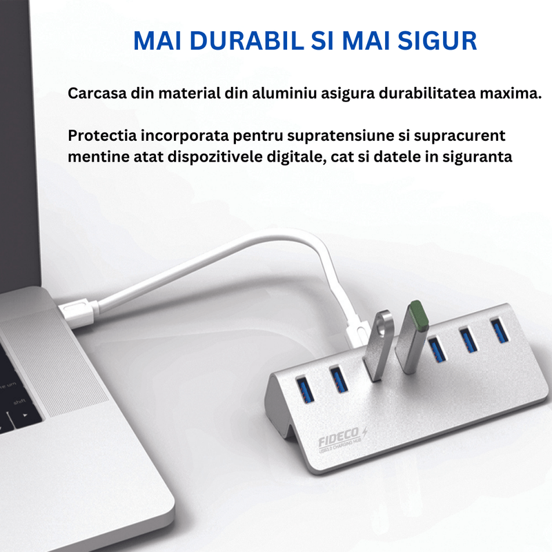 PC, gaming si accesorii - Retelistica - Hub-uri - Hub USB Cu 7 porturi USB 3.0, Type-C, Adaptor Multiport portabil, din Aluminiu, 350mb, alimentare PC/Priza, 5 Gbps, Gri - Infinity.ro