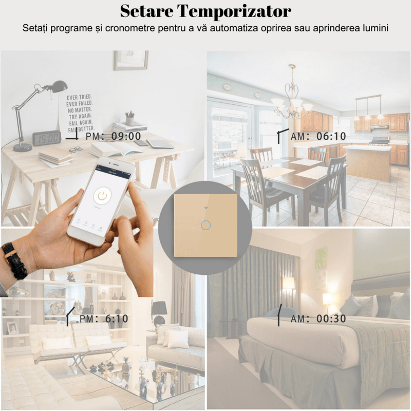 Casa si Gradina - Electrice - Accesorii electrice - Accesorii prize si intrerupatoare - Intrerupator inteligent cu touch, Wireless, Wi-fi, 1 Canal, din Sticla Securizata, Compatibil iOS/Android,Aplicatie Tuya - Infinity.ro