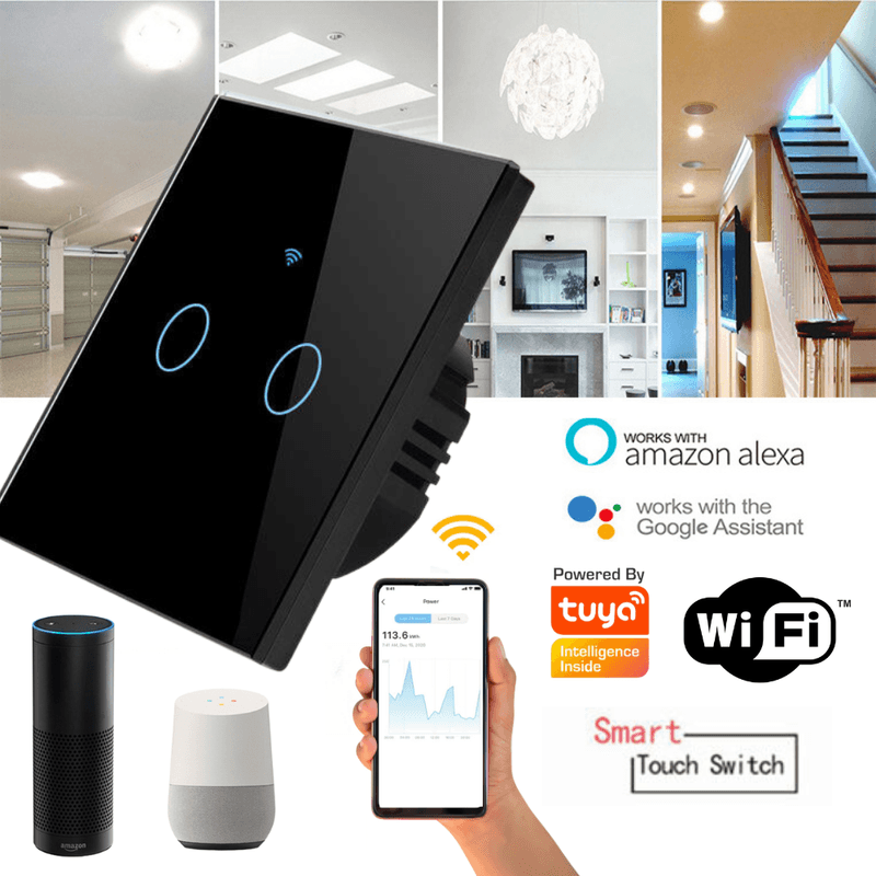 Casa si Gradina - Electrice - Accesorii electrice - Accesorii prize si intrerupatoare - Intrerupator inteligent cu touch, Wireless, Wi-fi, 2 Canale, Sticla Securizata, Compatibil iOS/Android,Tuya,Amazon Alexa - Infinity.ro