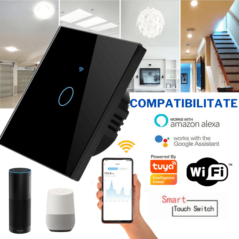 Casa si Gradina - Electrice - Accesorii electrice - Accesorii prize si intrerupatoare - Intrerupator inteligent cu touch, Wireless, Wi-fi, 1 Canal, din Sticla Securizata, Compatibil iOS/Android,Aplicatie Tuya - Infinity.ro