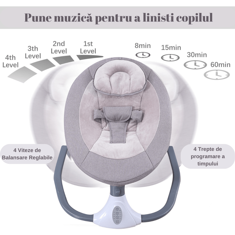 Jucarii, Copii si Bebe - Jucarii si jocuri - Jucarii de exterior - Leagane copii - Leagan Electric Multifunctional Pentru Bebelusi, Bluetooth, Intensitate Reglabila 4 viteze, Jucarii/Melodii, Telecomanda - Infinity.ro