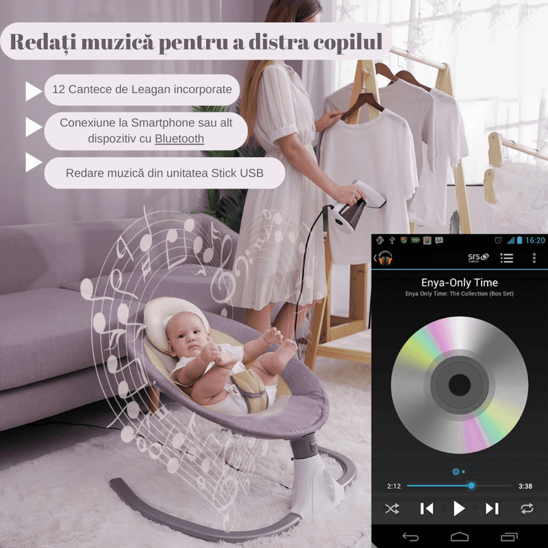 Casa si Gradina - Mobilier - Mobilier copii - Balansoare, leagane si hamace - Leagan Electric Multifunctional Pentru Bebelusi, Bluetooth, Intensitate Reglabila 4 viteze, Jucarii/Melodii, Telecomanda - Infinity.ro