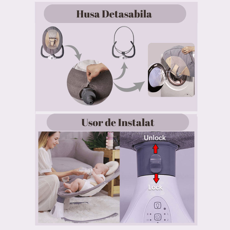 Jucarii, Copii si Bebe - Jucarii si jocuri - Jucarii de exterior - Leagane copii - Leagan Electric Multifunctional Pentru Bebelusi, Bluetooth, Intensitate Reglabila 4 viteze, Jucarii/Melodii, Telecomanda - Infinity.ro