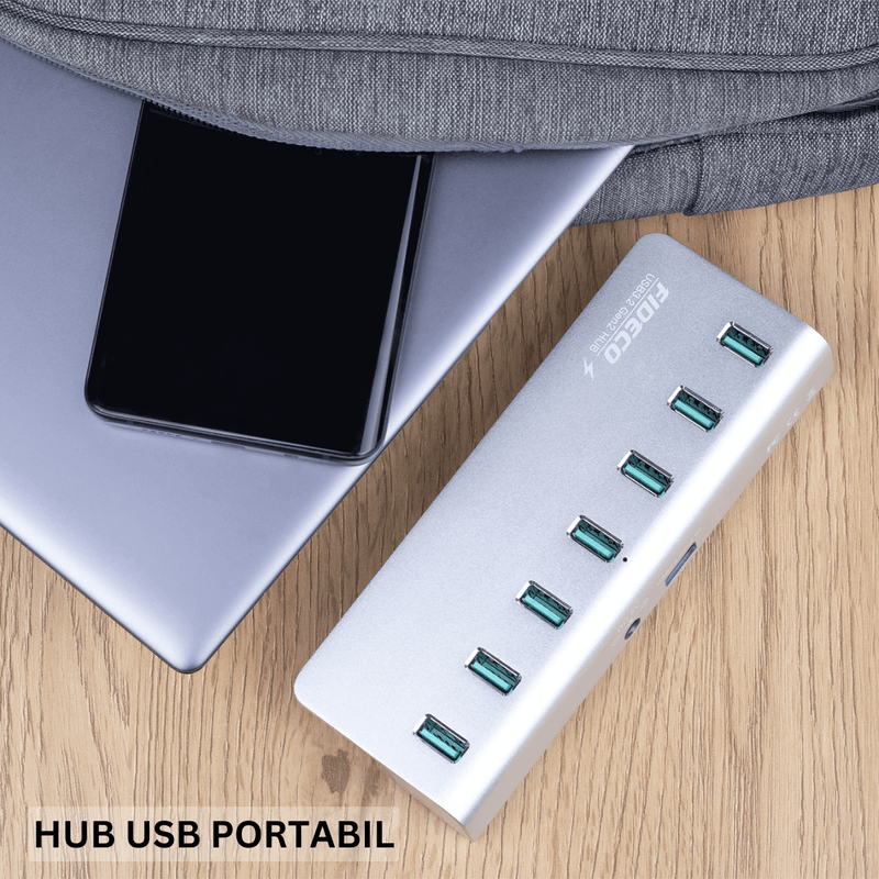 PC, gaming si accesorii - Retelistica - Hub-uri - Hub USB Cu 7 porturi USB 3.0, Type-C, Adaptor Multiport portabil, din Aluminiu, 350mb, alimentare PC/Priza, 5 Gbps, Gri - Infinity.ro