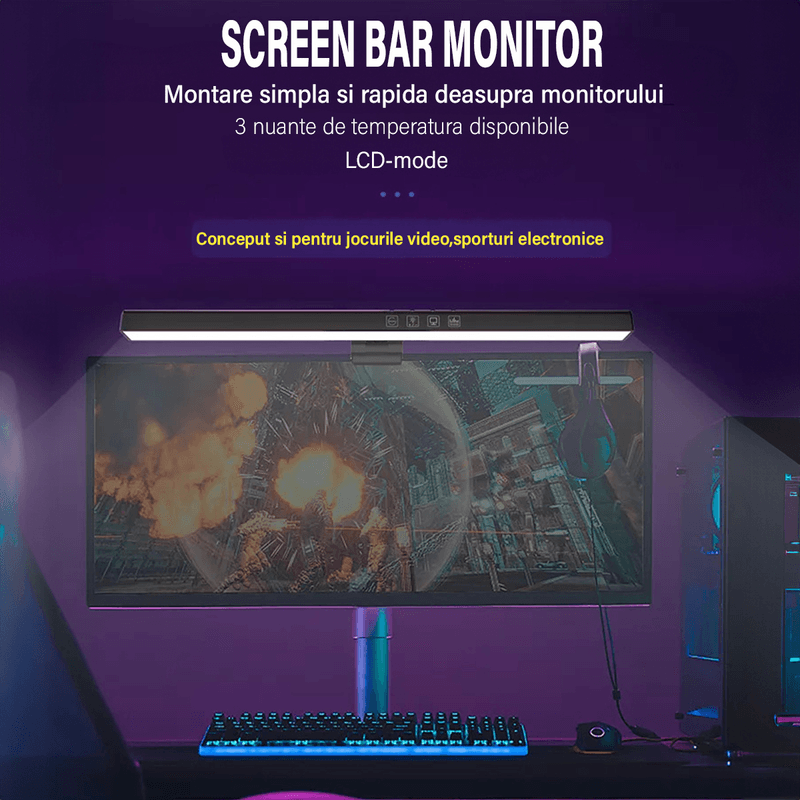 Casa si Gradina - Corpuri si surse de iluminat - Veioze si lampi - Veioze - Lampa LED pentru monitor, RGB Gaming Backlight, Reglabila cu 7 culori, Reglare temperatura lumina 2900k-6200k, USB,40 CM - Infinity.ro