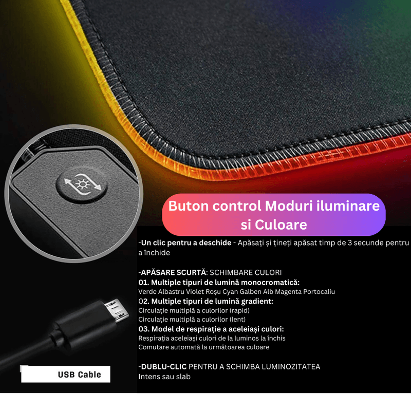 PC, gaming si accesorii - Periferice PC - Mousepad - MousePad profesional Gaming RGB mare XXL, Lumini LED, Suprafata moale,Baza Anti-Alunecare Cauciucata,moduri de iluminare - Infinity.ro
