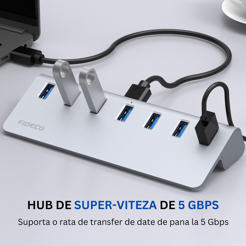 PC, gaming si accesorii - Retelistica - Hub-uri - Hub USB Cu 7 porturi USB 3.0, Type-C, Adaptor Multiport portabil, din Aluminiu, 350mb, alimentare PC/Priza, 5 Gbps, Gri - Infinity.ro