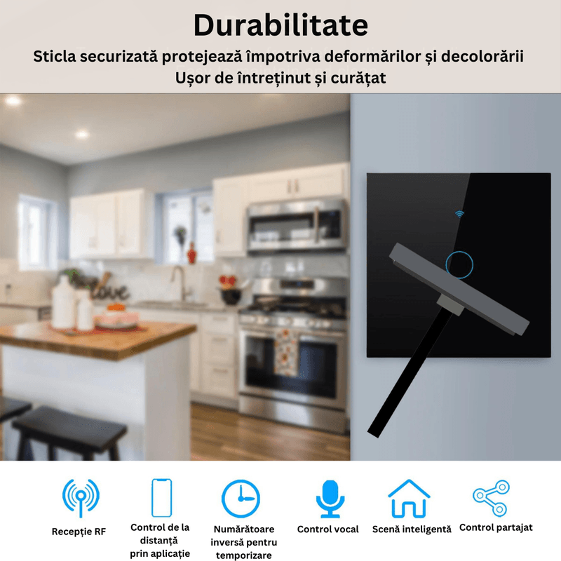 Casa si Gradina - Electrice - Accesorii electrice - Accesorii prize si intrerupatoare - Intrerupator inteligent cu touch, Wireless, Wi-fi, 1 Canal, din Sticla Securizata, Compatibil iOS/Android,Aplicatie Tuya - Infinity.ro
