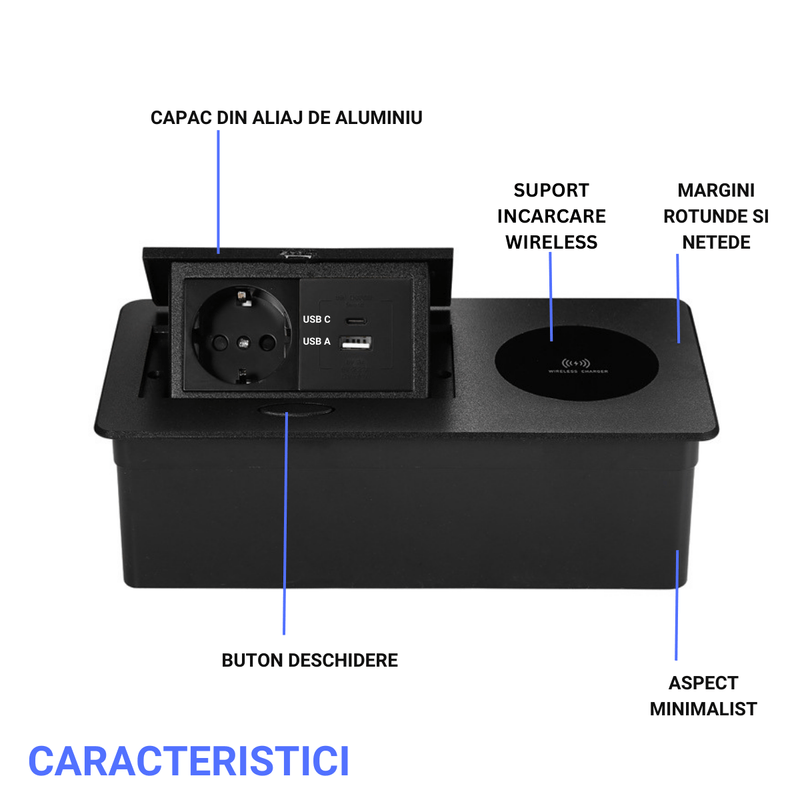 Casa si Gradina - Electrice - Prize - Priza Incorporabila in mobilier, ATOMKIT, 1 Prize Schuko, USB-A+C, WIRELESS, Conductori cupru,, Cablu 1.8 m, Negru - Infinity.ro