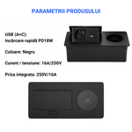 Casa si Gradina - Electrice - Prize - Priza Incorporabila in mobilier, ATOMKIT, 1 Prize Schuko, USB-A+C, WIRELESS, Conductori cupru,, Cablu 1.8 m, Negru - Infinity.ro