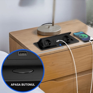 Priza Incorporabila in mobilier,ATOMKIT, 2 Prize Schuko,USB A+C, Conductori cupru,Calitate Superioara, Cablu 1.8 m,Negru