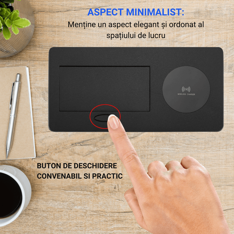 Casa si Gradina - Electrice - Prize - Priza Incorporabila in mobilier, ATOMKIT, 1 Prize Schuko, USB-A+C, WIRELESS, Conductori cupru,, Cablu 1.8 m, Negru - Infinity.ro