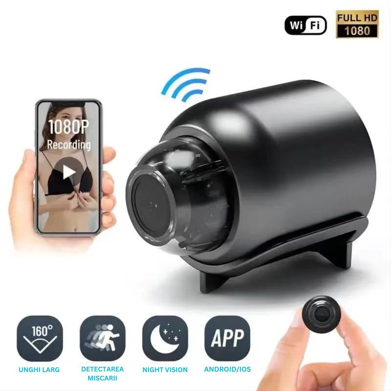 Laptop, Telefoane si Tablete - Wearables si gadgeturi - Gadgeturi - Dispozitive spionaj - Camera Spion Wireless Mini, Full HD 1080p, Audio-Video, Detectie a Miscarii, Night Vision, Filmare in bucla, Negru - Infinity.ro