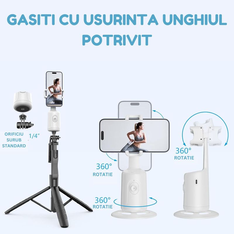 TV, Audio-Video si Foto - Aparate foto si accesorii - Accesorii foto si video - Stabilizatoare de imagine - Stabilizator AI Gimbal, Recunoastere si Urmarire a Fetei, Rotire 360° Orizontala si Verticala, Pendulare Fata/Spate 180° - Infinity.ro