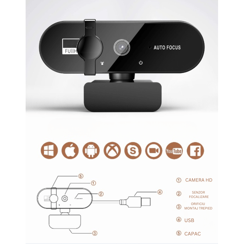 PC, gaming si accesorii - Periferice PC - Camere Web - Camera Web Full HD 4K, Plug and Play, Autofocus,60fps , Rotatie 360°, USB, Reducere a Zgomotului, Privacy Cover - Infinity.ro
