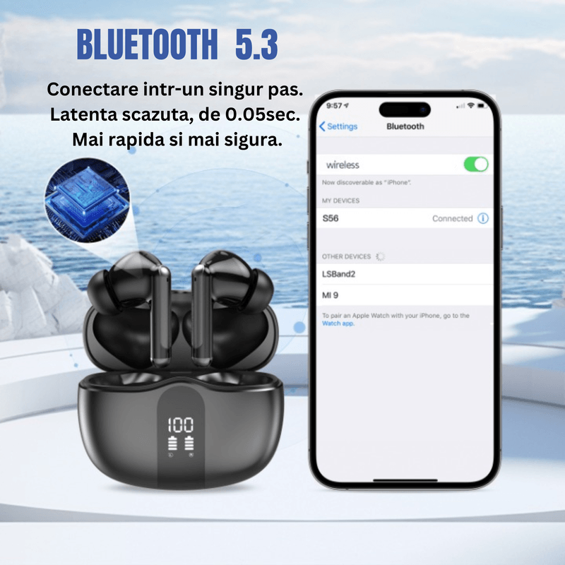 TV, Audio-Video si Foto - Portabile audio - Casti audio - Casti Binaurale Wireless, BT5.3, Microfon HD, Control Tactil, Afisaj Digital, Anulare Zgomot, Carcasa Magnetica - Negru - Infinity.ro