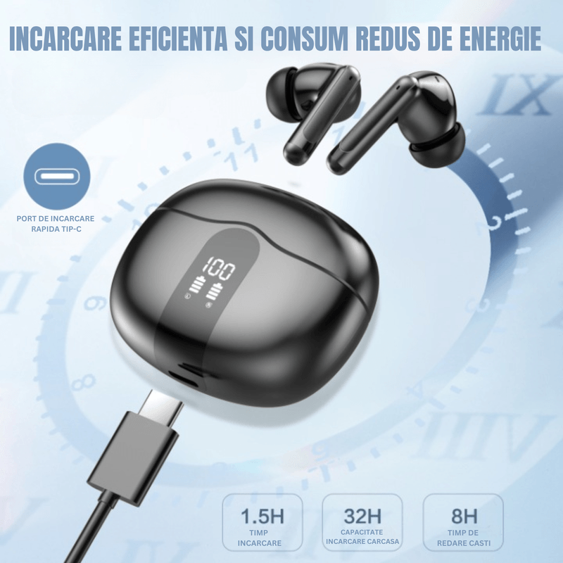 TV, Audio-Video si Foto - Portabile audio - Casti audio - Casti Binaurale Wireless, BT5.3, Microfon HD, Control Tactil, Afisaj Digital, Anulare Zgomot, Carcasa Magnetica - Negru - Infinity.ro