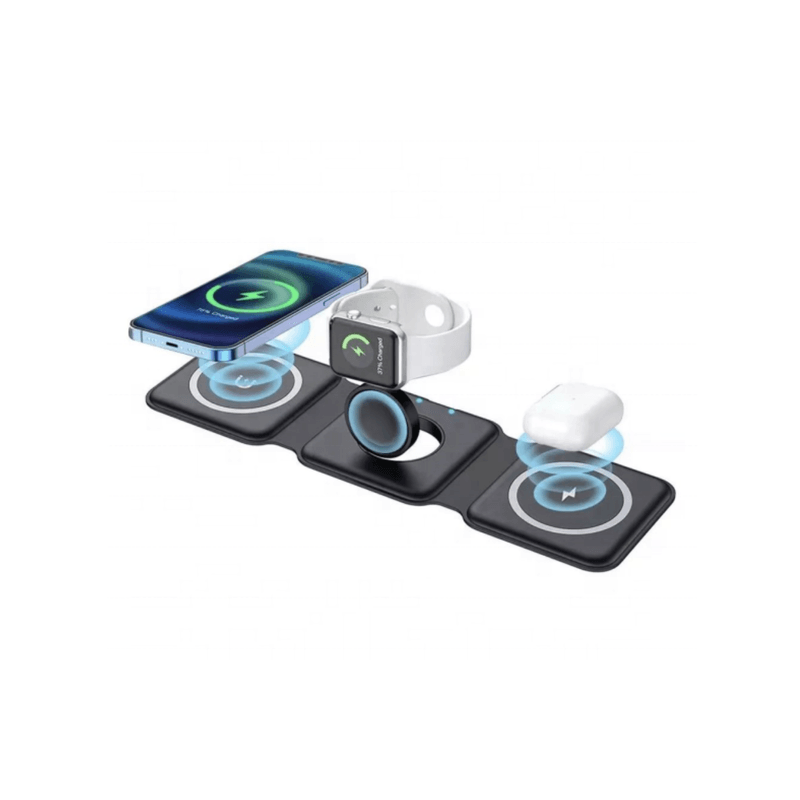 Laptop, Telefoane si Tablete - Telefoane mobile si accesorii - Accesorii Telefoane - Incarcatoare telefoane - Incarcator Wireless Magnetic 3 in 1, Pliabil, FastCharge Qi 15W, Compatibil iPhone Magsafe, Samsung, Negru - Infinity.ro