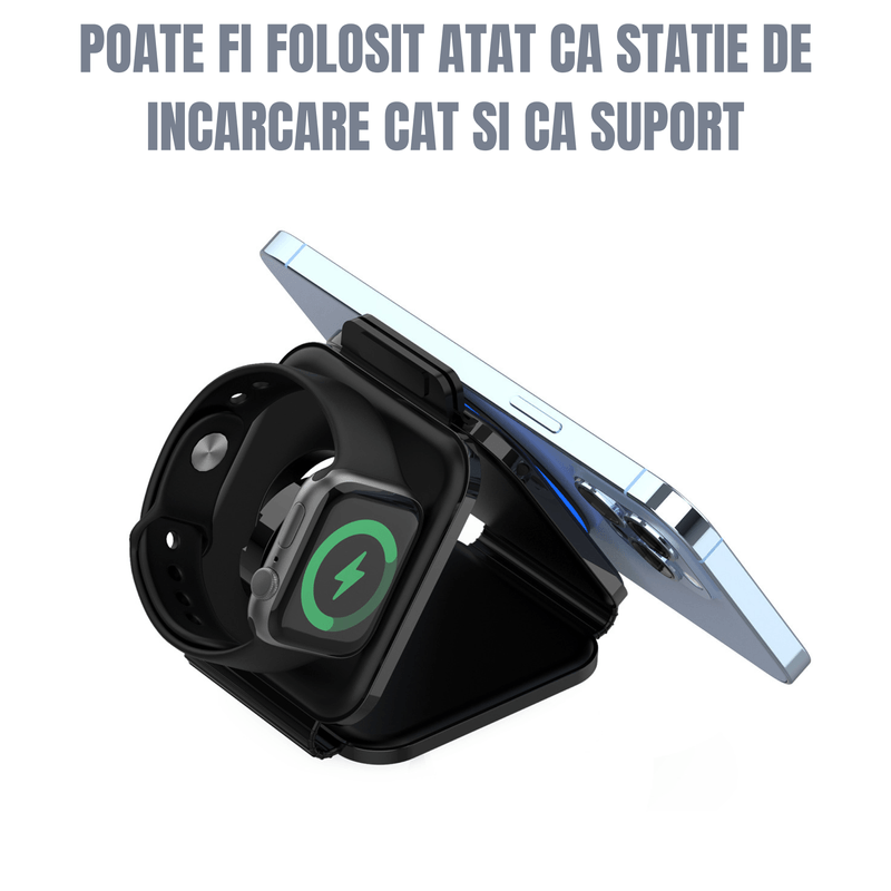 Laptop, Telefoane si Tablete - Telefoane mobile si accesorii - Accesorii Telefoane - Incarcatoare telefoane - Incarcator Wireless Magnetic 3 in 1, Pliabil, FastCharge Qi 15W, Compatibil iPhone Magsafe, Samsung, Negru - Infinity.ro