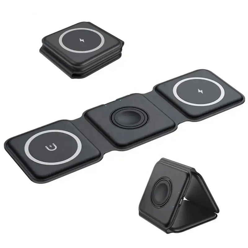 Laptop, Telefoane si Tablete - Telefoane mobile si accesorii - Accesorii Telefoane - Incarcatoare telefoane - Incarcator Wireless Magnetic 3 in 1, Pliabil, FastCharge Qi 15W, Compatibil iPhone Magsafe, Samsung, Negru - Infinity.ro