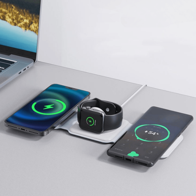 Laptop, Telefoane si Tablete - Telefoane mobile si accesorii - Accesorii Telefoane - Incarcatoare telefoane - Incarcator Wireless Magnetic 3 in 1, Pliabil, FastCharge Qi 15W, Compatibil iPhone Magsafe, Samsung, Negru - Infinity.ro