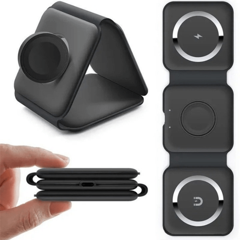 Laptop, Telefoane si Tablete - Telefoane mobile si accesorii - Accesorii Telefoane - Incarcatoare telefoane - Incarcator Wireless Magnetic 3 in 1, Pliabil, FastCharge Qi 15W, Compatibil iPhone Magsafe, Samsung, Negru - Infinity.ro