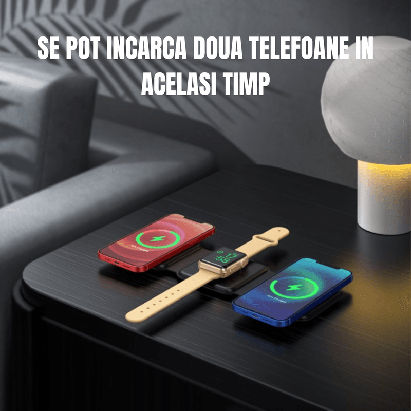 Laptop, Telefoane si Tablete - Telefoane mobile si accesorii - Accesorii Telefoane - Incarcatoare telefoane - Incarcator Wireless Magnetic 3 in 1, Pliabil, FastCharge Qi 15W, Compatibil iPhone Magsafe, Samsung, Negru - Infinity.ro