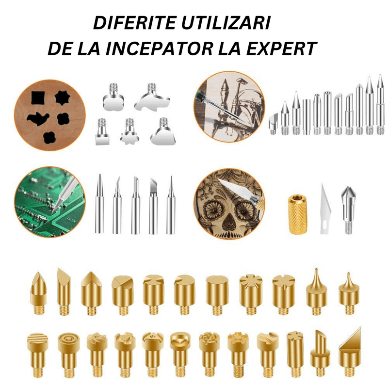 Jucarii, Copii si Bebe - Jucarii si jocuri - Jucarii & jocuri educative - Seturi de artizanat - Kit Pirogravat si Lipit, 110 Piese, Temperatura Ajustabila 180~480 °C, Afisaj Digital, pentru lemn, plastic si altele - Infinity.ro
