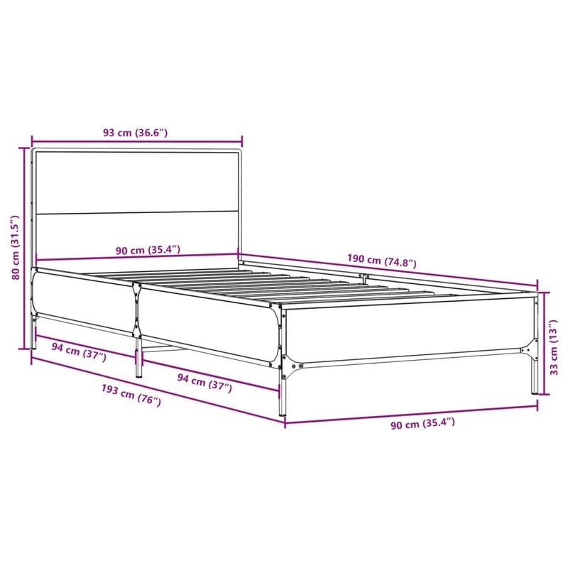 Casa si Gradina - Mobilier - Paturi si accesorii - Paturi - Cadru de pat, stejar fumuriu, 90x190cm, lemn prelucrat si metal - Infinity.ro