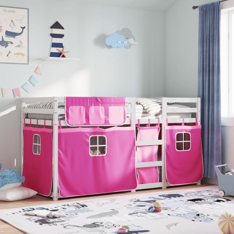 Casa si Gradina - Mobilier - Paturi si accesorii - Paturi - Pat supraetajat cu perdele, roz, 80x200 cm, lemn masiv pin - Infinity.ro