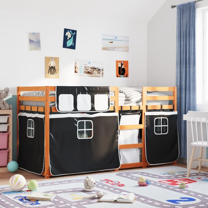 Casa si Gradina - Mobilier - Paturi si accesorii - Paturi - Pat supraetajat de copii perdele, alb/negru, 80x200 cm lemn pin - Infinity.ro