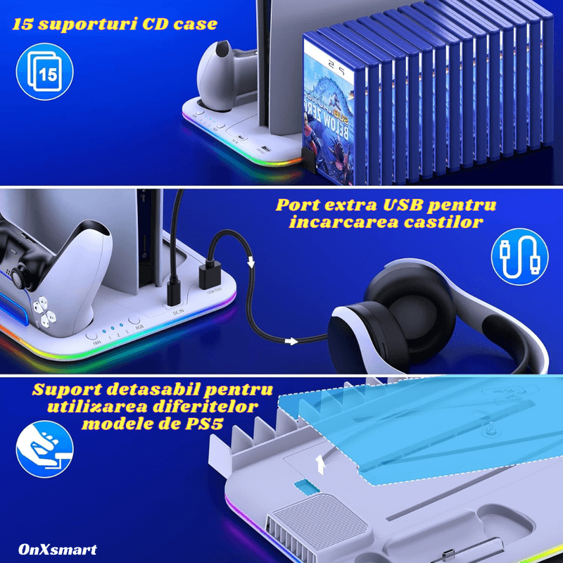 PC, gaming si accesorii - Gaming - Accesorii gaming - Accesorii console gaming - Stand racire incarcare vertical Ps5 OnXsmart®, 5 in 1 multifunctional, Incarcare dubla controllere, 15 Sloturi Jocuri - Infinity.ro