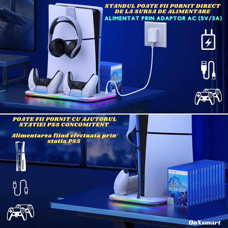 PC, gaming si accesorii - Gaming - Accesorii gaming - Accesorii console gaming - Stand racire incarcare vertical Ps5 OnXsmart®, 5 in 1 multifunctional, Incarcare dubla controllere, 15 Sloturi Jocuri - Infinity.ro