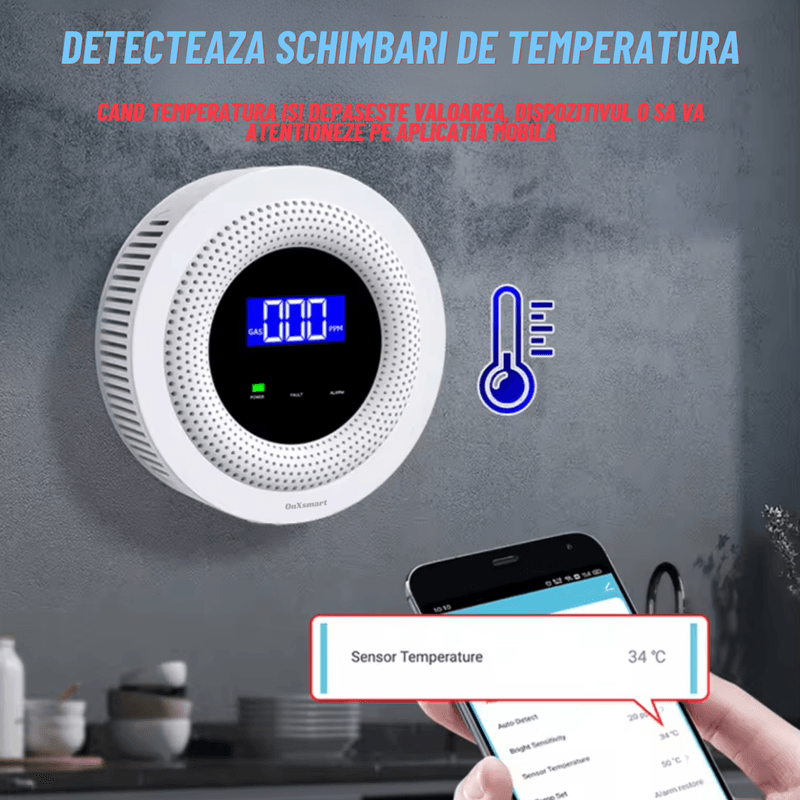 Casa si Gradina - Electrice - Smart Home - Control acces si accesorii - Detector de Gaz OnXsmart®, Multiple tipuri de gaz, Wifi 2.4G, Alarme prin aplicatia Tuya, Senzor de temperatura - Infinity.ro