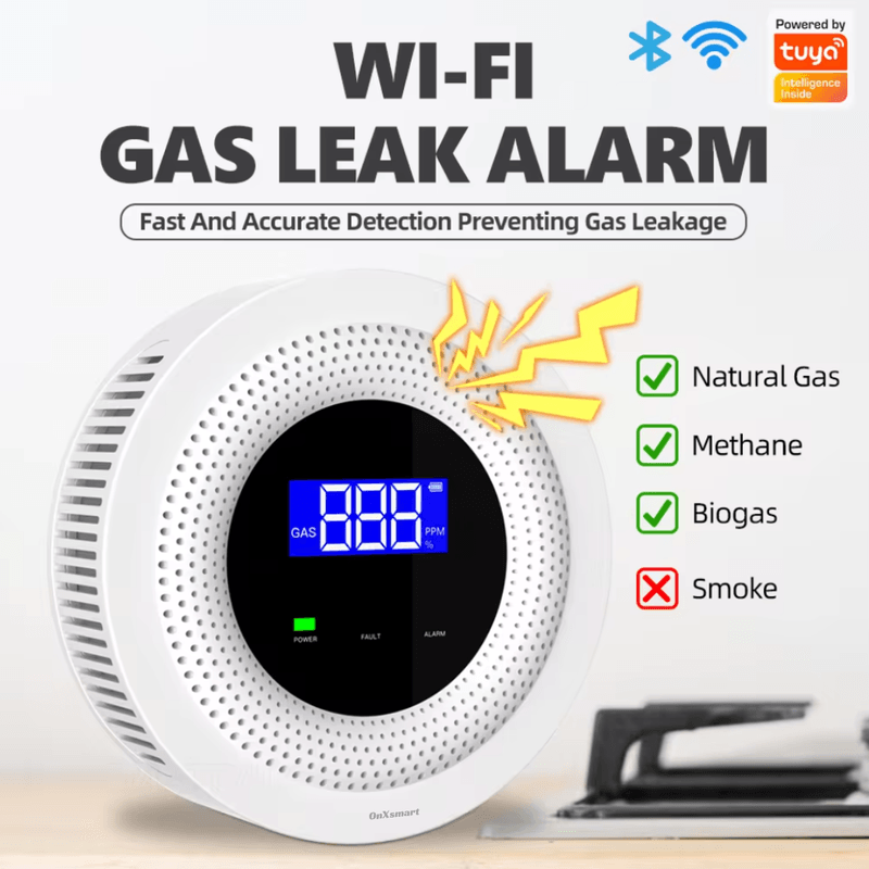 Casa si Gradina - Electrice - Smart Home - Control acces si accesorii - Detector de Gaz OnXsmart®, Multiple tipuri de gaz, Wifi 2.4G, Alarme prin aplicatia Tuya, Senzor de temperatura - Infinity.ro