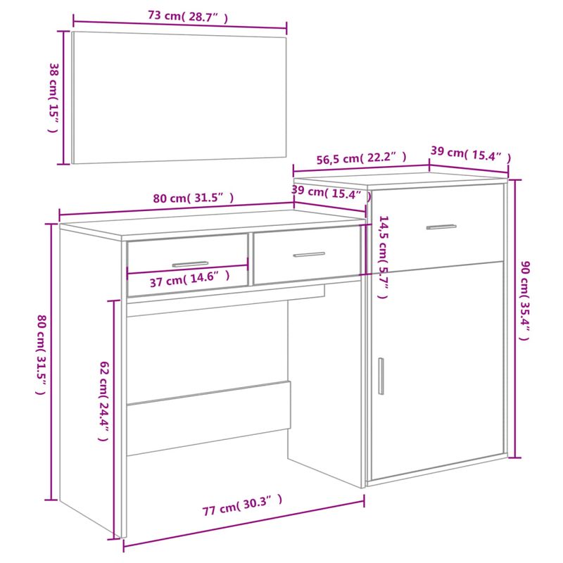 Casa si Gradina - Mobilier - Comode si corpuri - Masute de toaleta - Set de masuta de toaleta, 3 piese, gri sonoma, lemn prelucrat - Infinity.ro