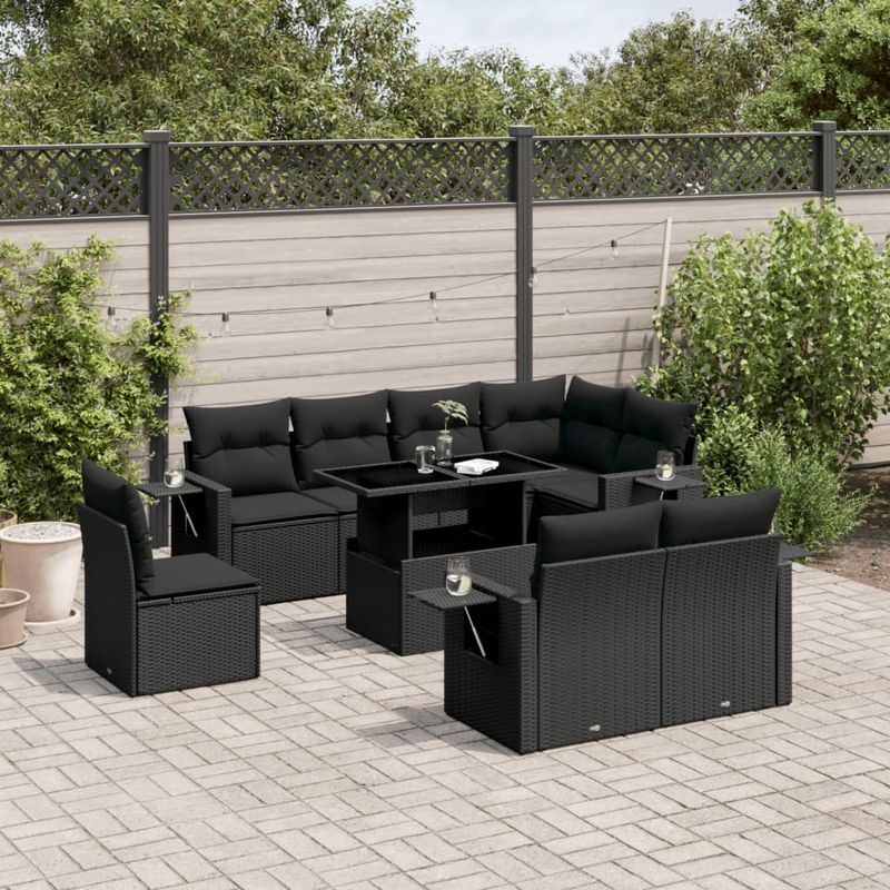 Casa si Gradina - Gradina si terasa - Mobilier exterior - Seturi mobila gradina - Set mobilier de gradina cu perne, 9 piese, negru, poliratan - Infinity.ro