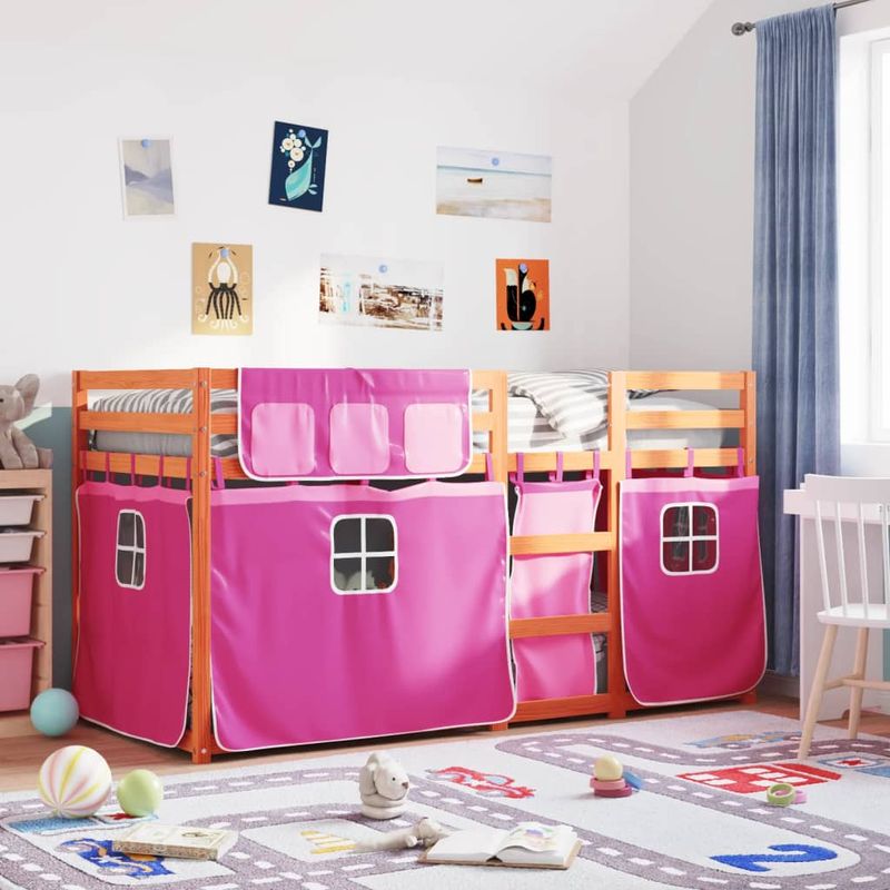 Casa si Gradina - Mobilier - Paturi si accesorii - Paturi - Pat supraetajat cu perdele, roz, 90x190 cm, lemn masiv pin - Infinity.ro